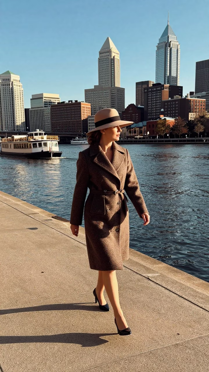 Woman Walking in Philadelphia at The Late Afternoon Light in in Philadelphia, Pennsylvania, United States