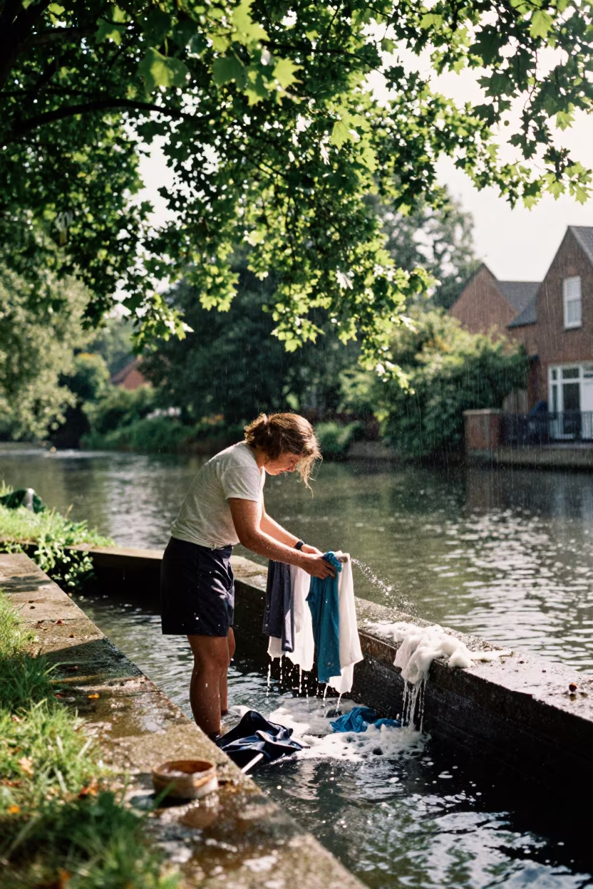 Woman Washing Clothes in Ipswich Canal in beside a canal in Ipswich