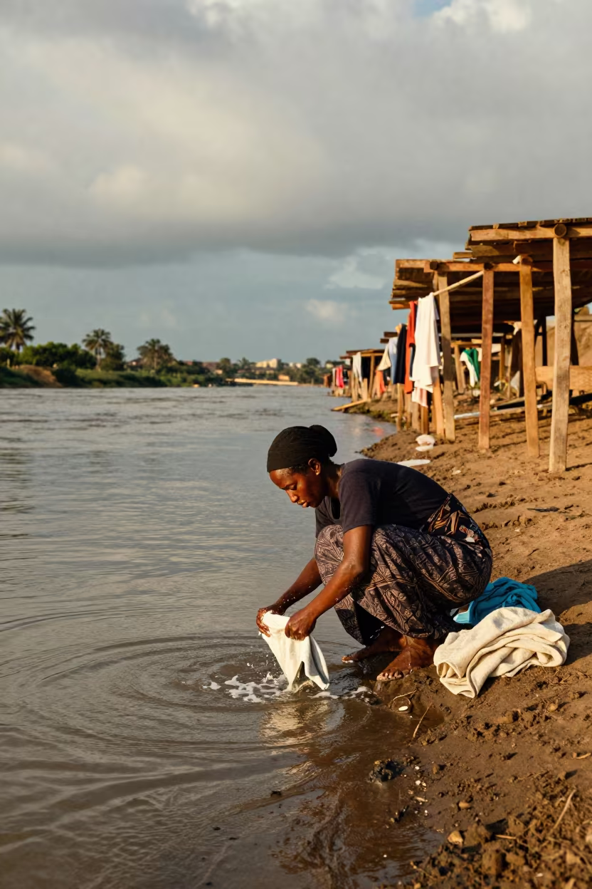 Woman Washing Clothes in Mogadishu River at Golden Hour in near a riverside landing in Mogadishu