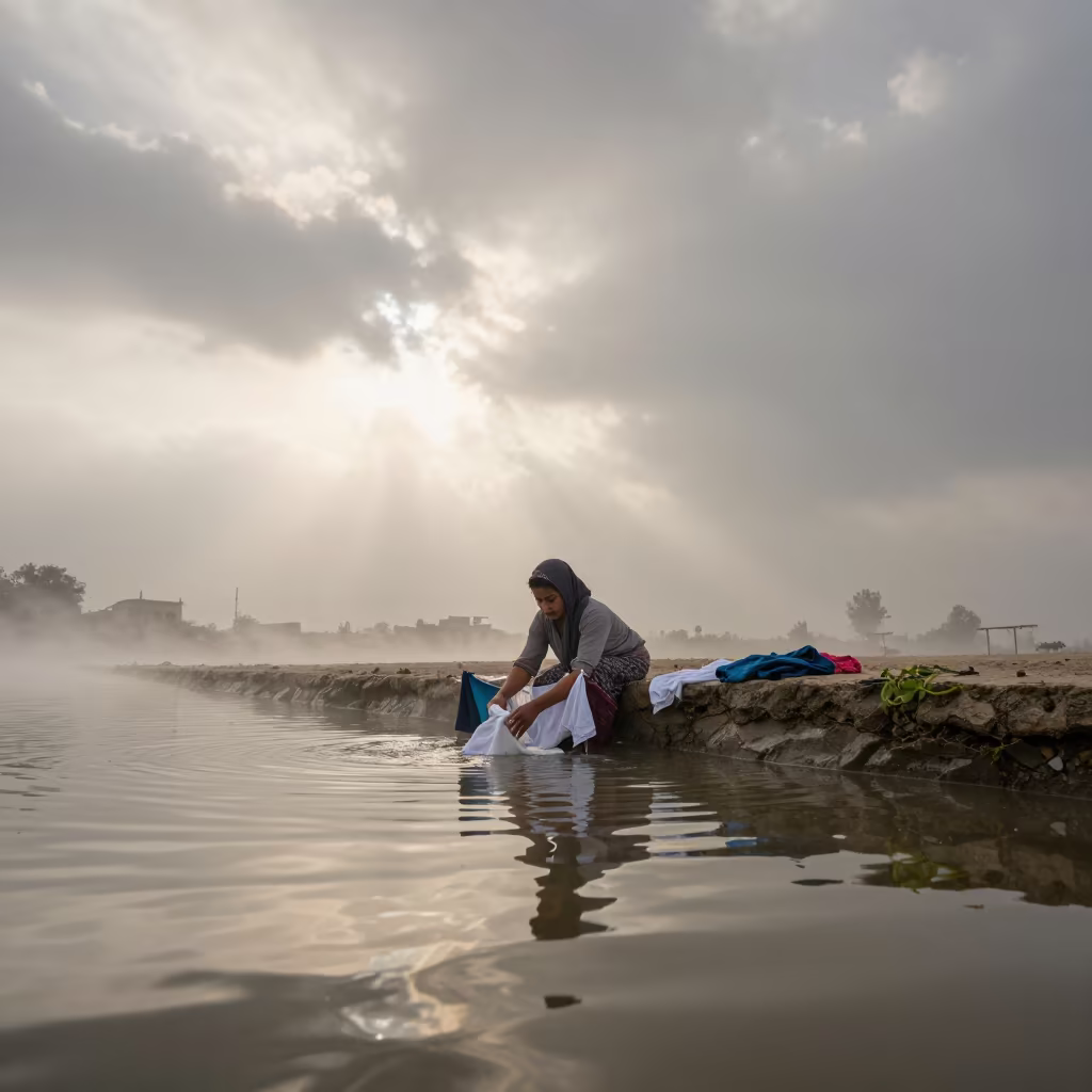 Woman Washing Clothes in River Fog in beside a canal in Jalalabad