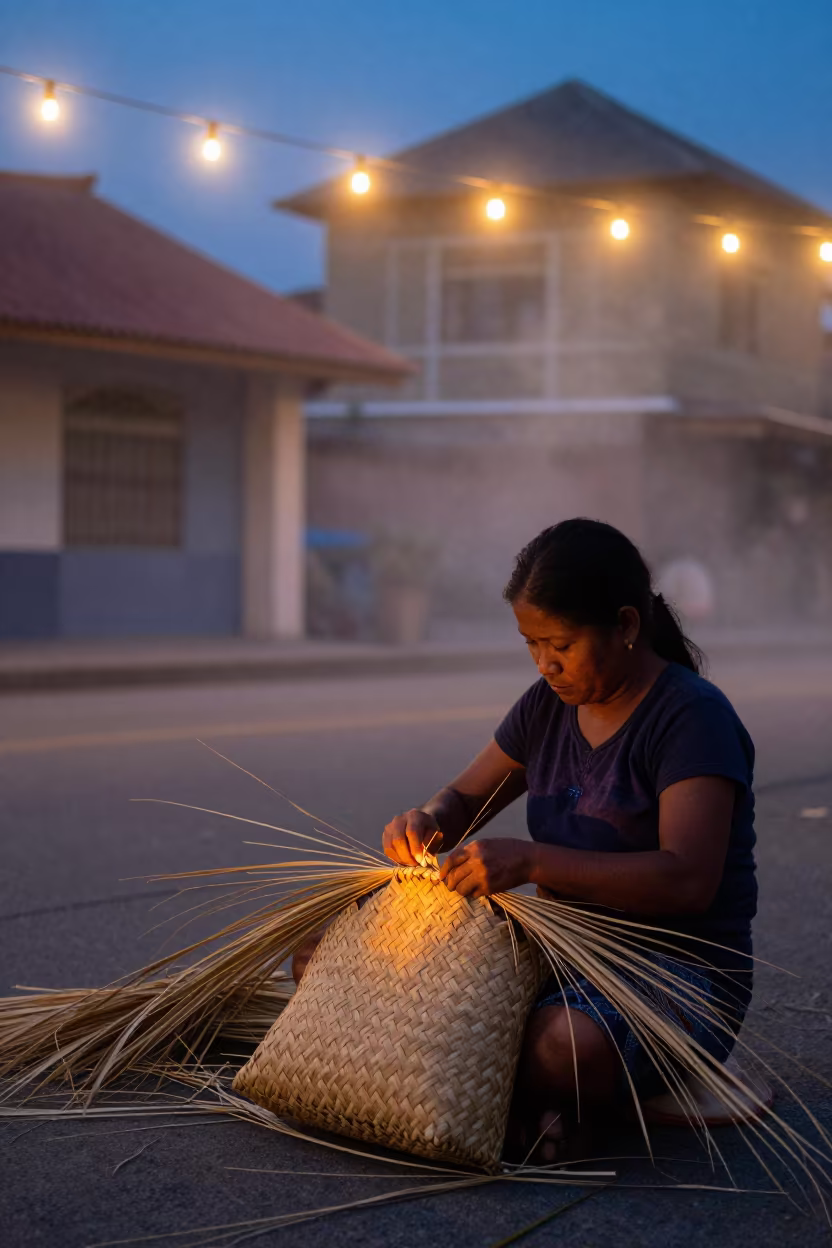 Woman Weaving Palm Basket in Manila Twilight in near Poblacion, Manila