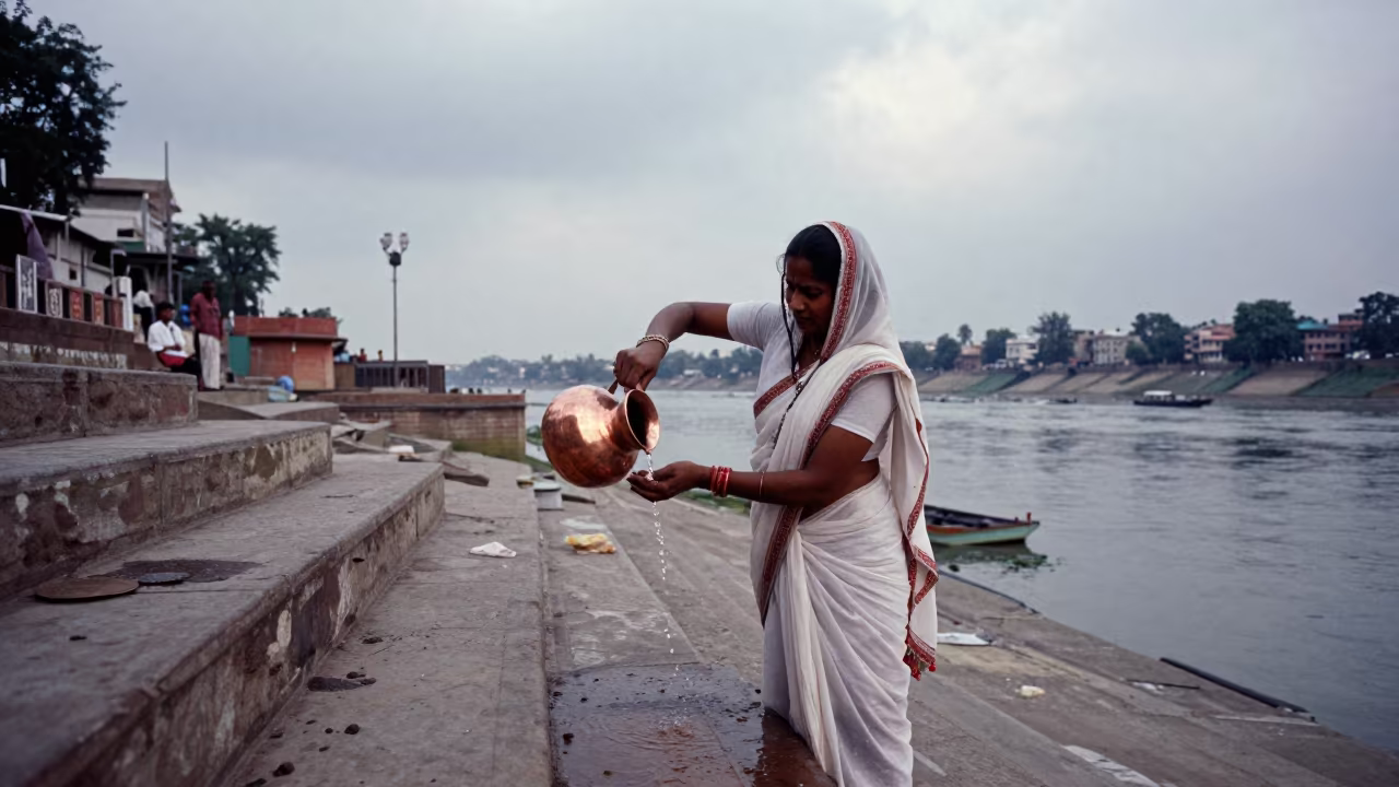Woman in White Sari Pouring Water at Delhi Ghat in near Paharganj, Delhi