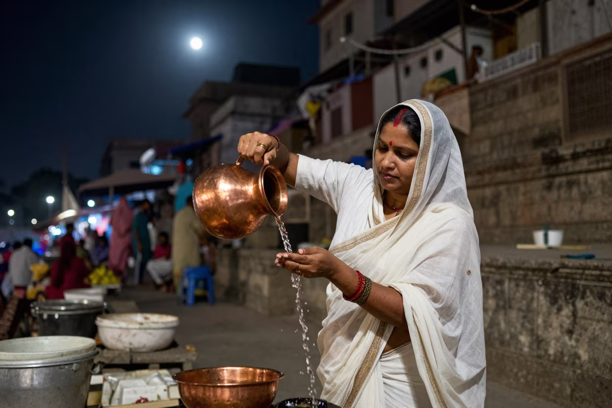 Woman in White Sari Pouring Water at Delhi Ghats in along a market lane in Mehrauli, Delhi