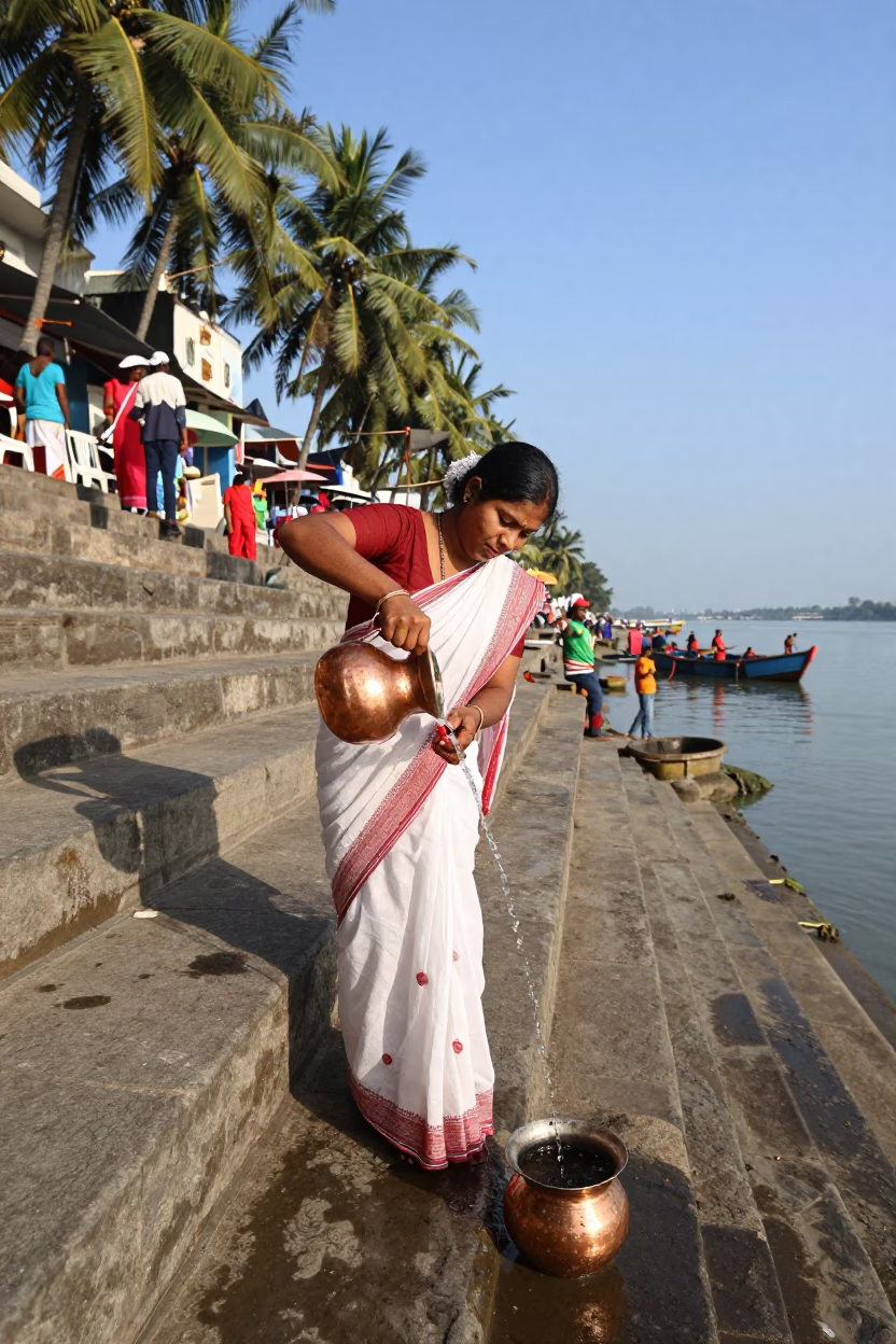 Woman in White Sari Pouring Water at Kolkata Ghat in in Kolkata
