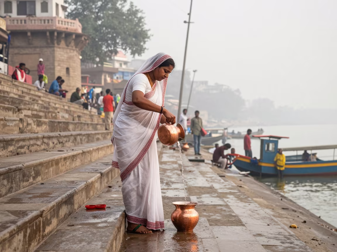 Woman in White Sari Pours Water at Varanasi Ghat in at a harbor edge in Dashashwamedh, Varanasi