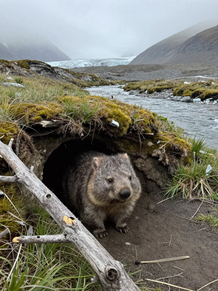 Wombat at Burrow Entrance Near Glacial Stream in above a glacial stream near Napa