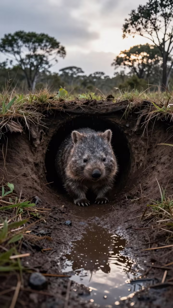Wombat at Burrow Entrance in Papua Rain in along a game trail in Papua