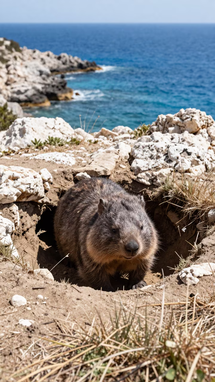 Wombat Emerging from Burrow in Albanian Coastal Sun in in Albania