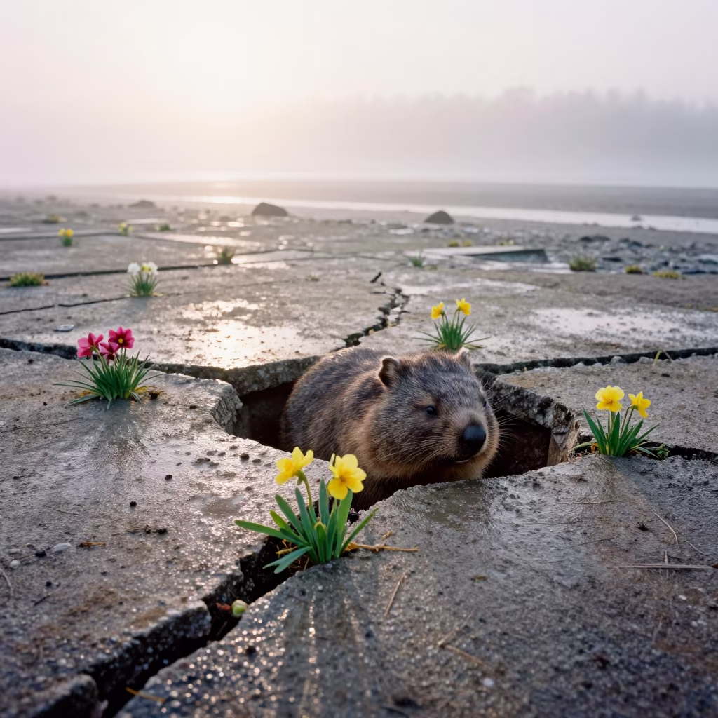 Wombat Emerging from Burrow Amidst Estonian Spring Mist in beside a tidal inlet in Estonia