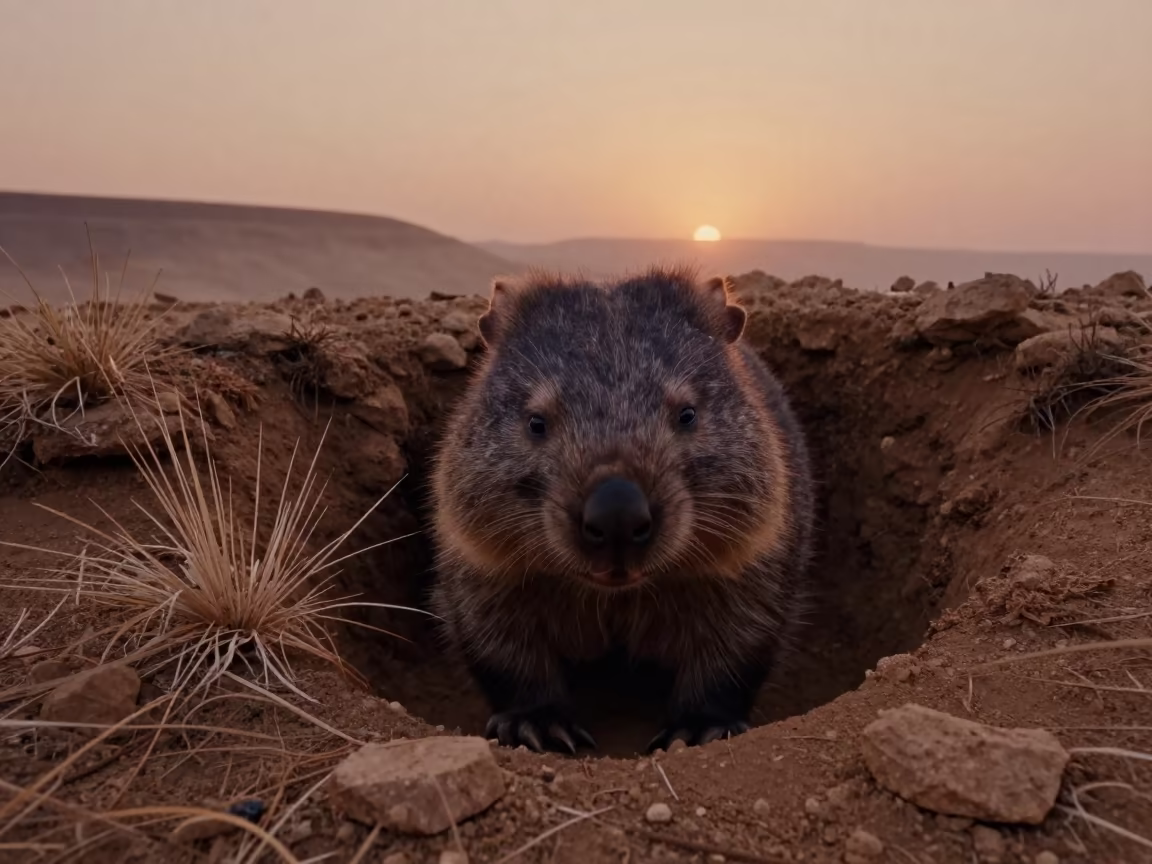 Wombat Emerging From Burrow in Winter Fog in on a wind-scoured ridge in Israel