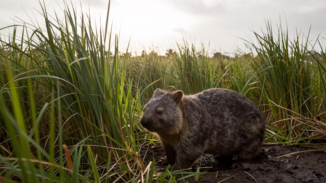 Wombat Silhouette Emerging Reed Bed Bali in at the edge of a reed bed in Bali