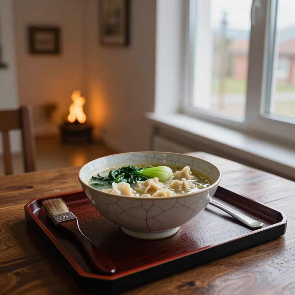 Wonton Soup and Bok Choy on Lacquered Tray in Ekibastuz in on a lacquered tray in Ekibastuz