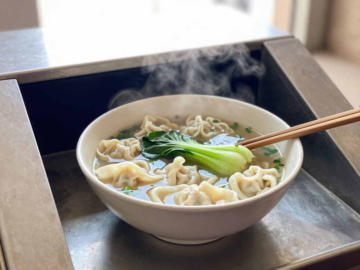 Wonton Soup Bowl with Bok Choy at Aswan Counter in at a noodle counter in Aswan