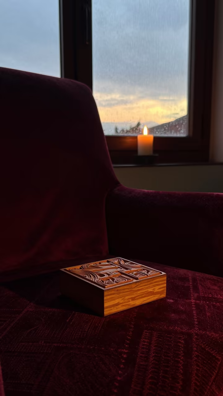 Wood Block Printer on Velvet in Quito Sunset in on a velvet chair in Quito