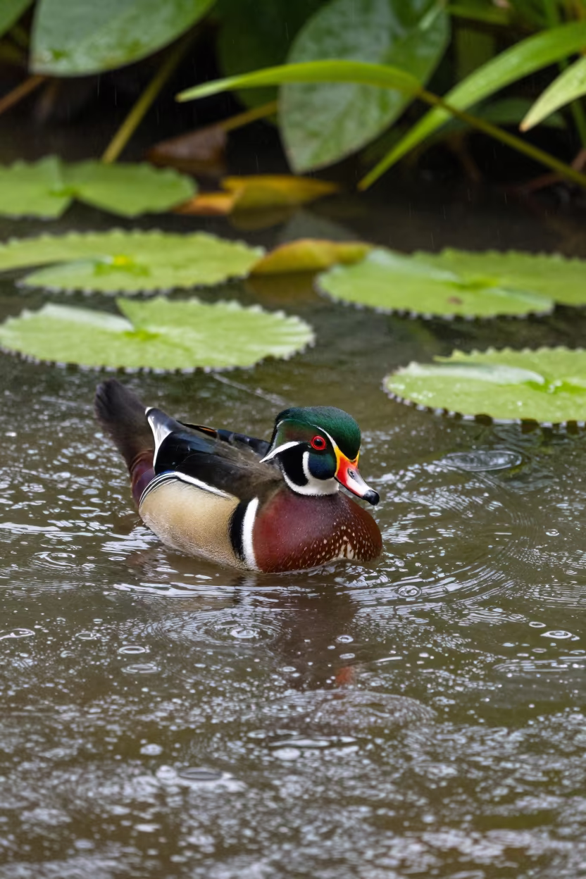 Wood Duck Amid Rain and Lily Pads in Peru in along a game trail in Peru