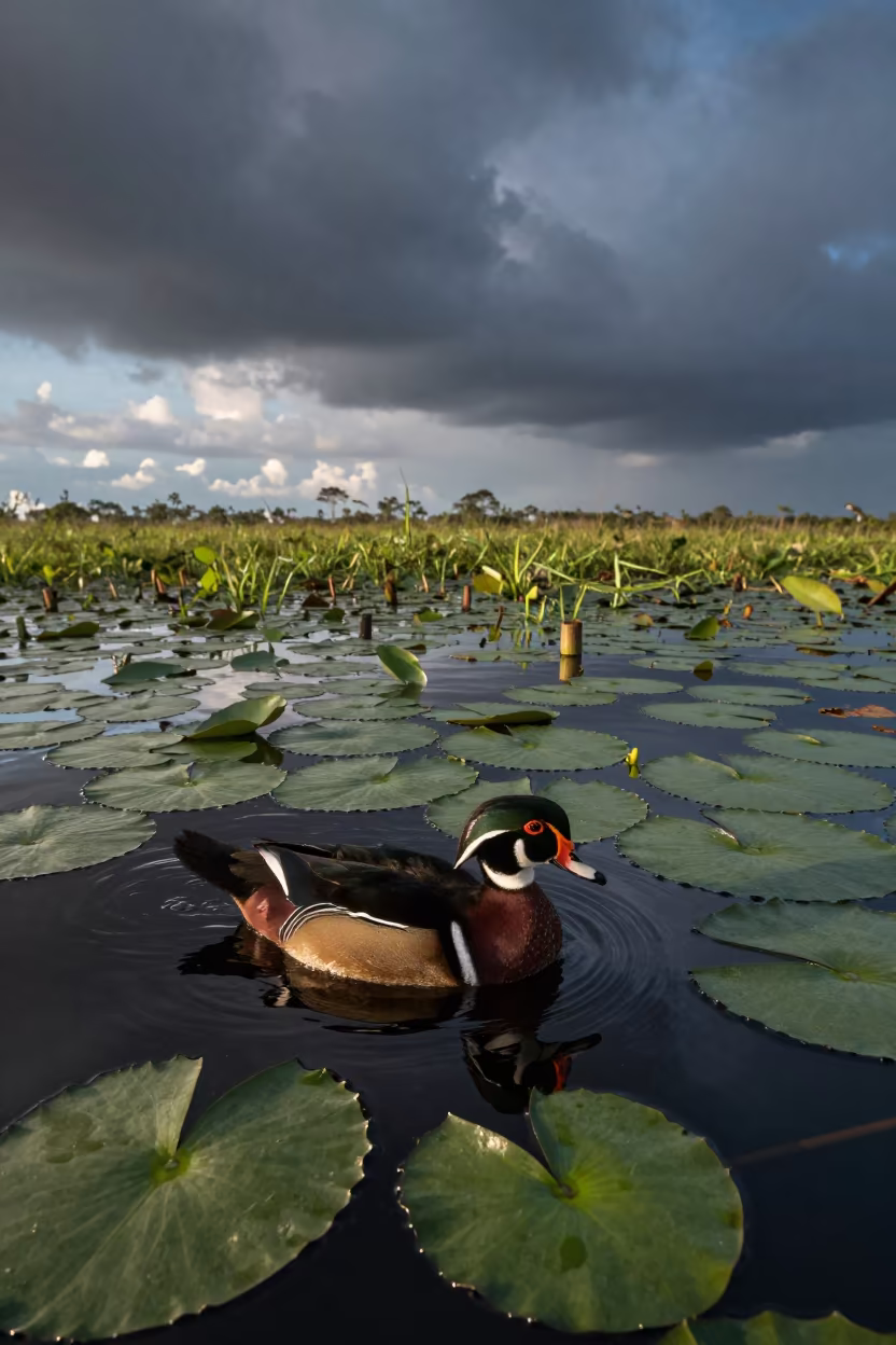 Wood Duck Swimming Through Lily Pads at Dawn in in Tanzania