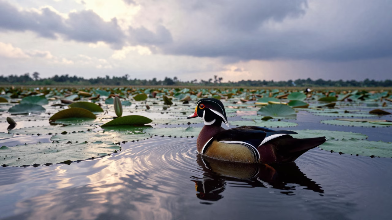 Wood Duck Swimming Amid Lily Pads on Vietnamese Ridge in on a wind-scoured ridge in Vietnam