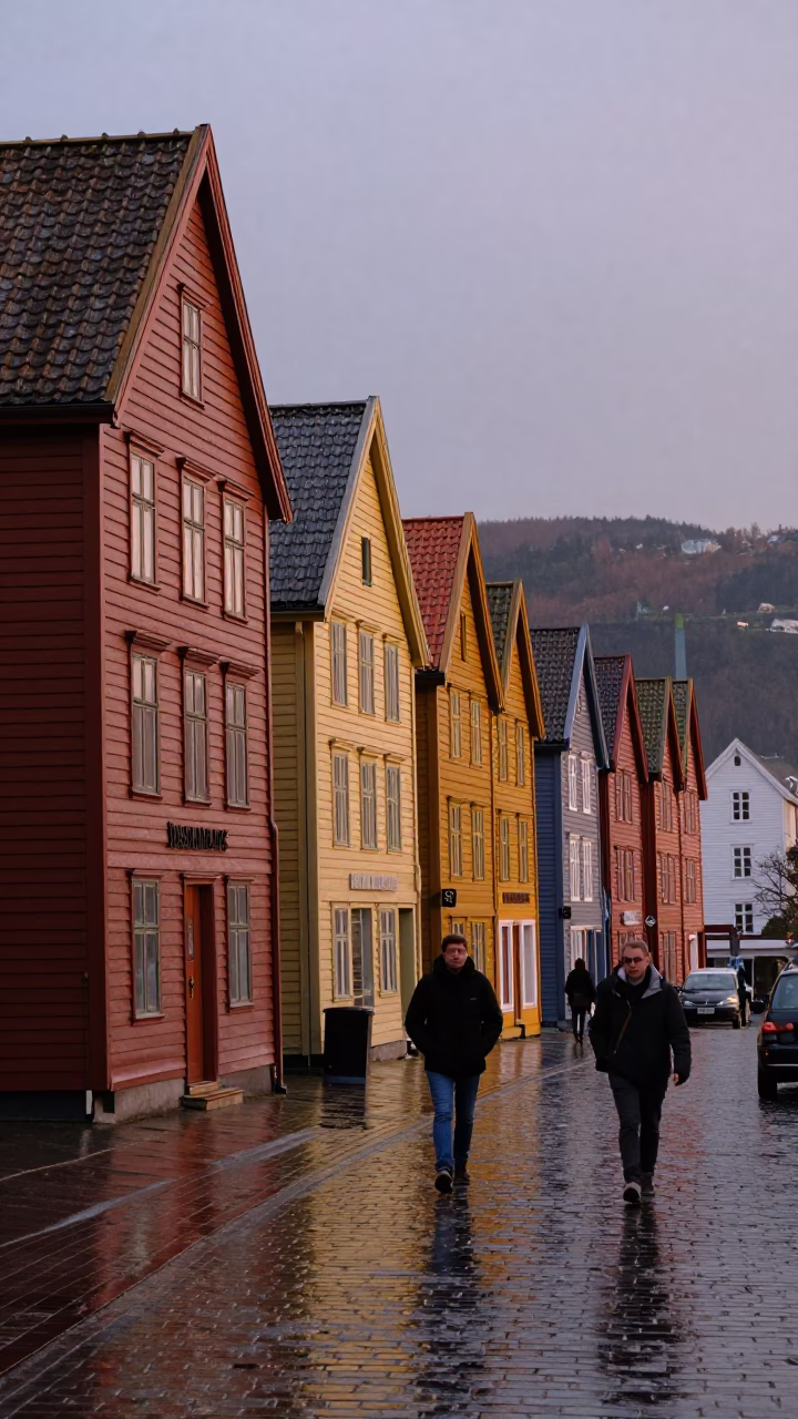 Wood Facades in Bergen at The Early Evening Light in in Bergen, Norway