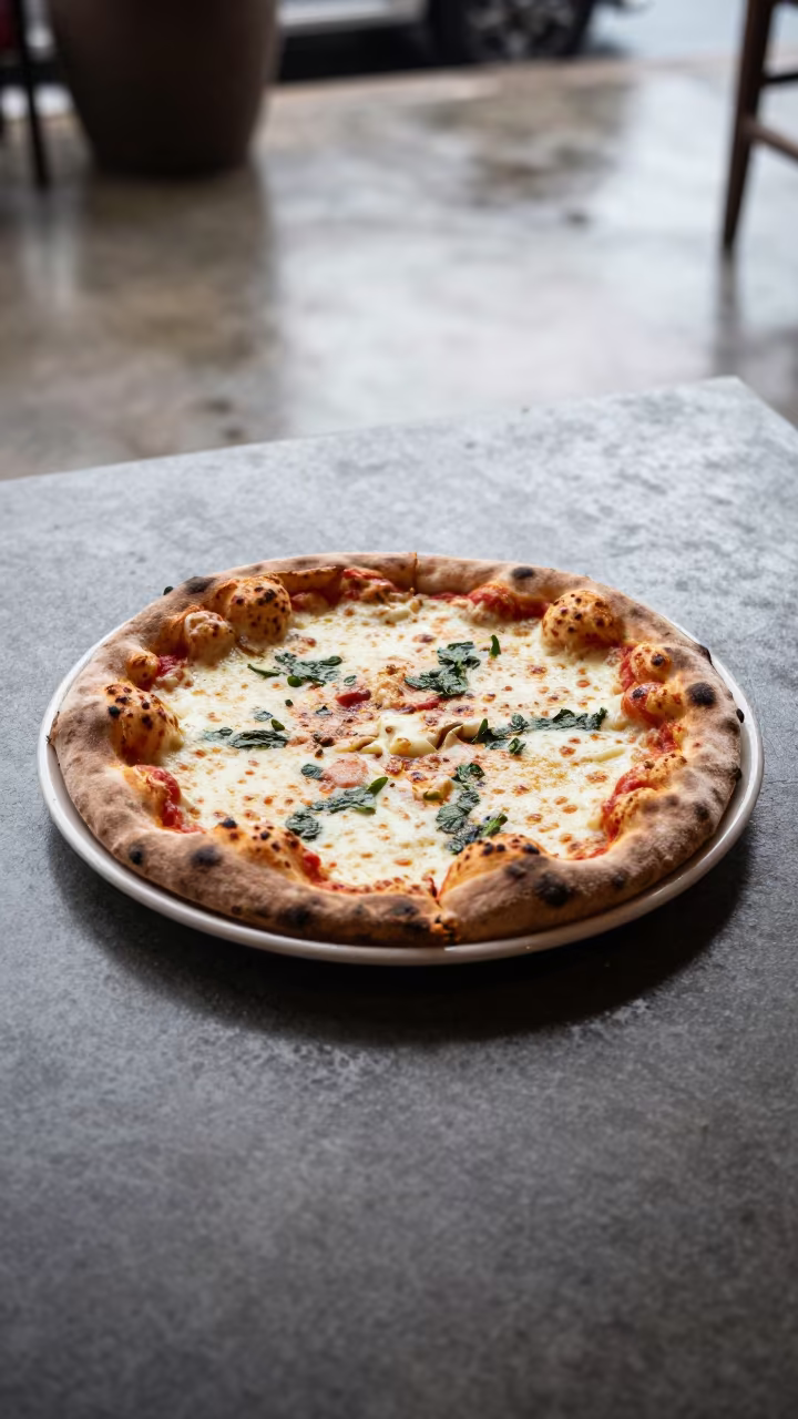 Wood-Fired Pizza on Ceramic Plate in on a ceramic plate by a window in Maceio