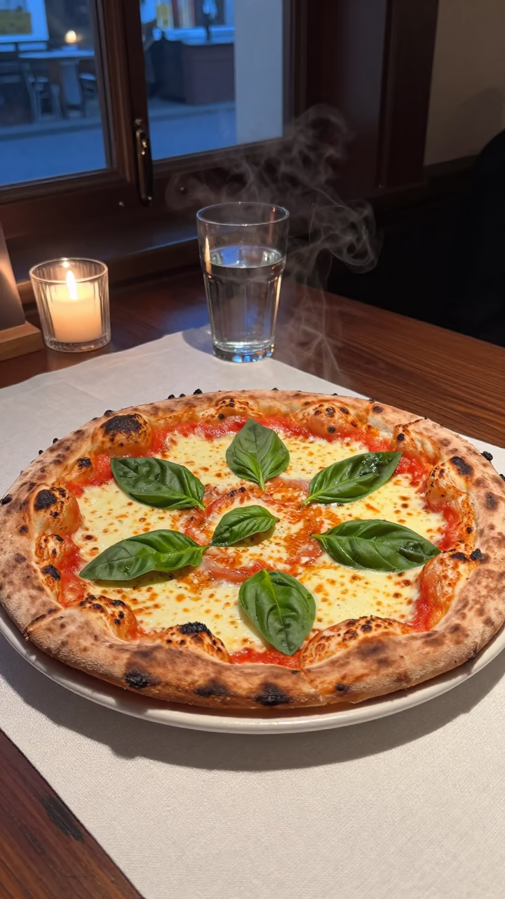 Wood fired pizza on linen table in Nanchang evening in on a linen-covered restaurant table in Nanchang