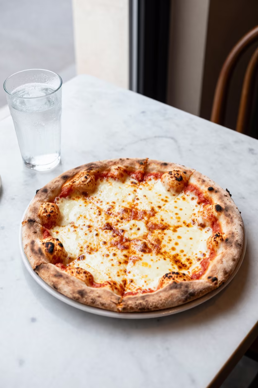 Wood Fired Pizza on Marble Table in Palma in on a marble cafe table in Palma de Mallorca