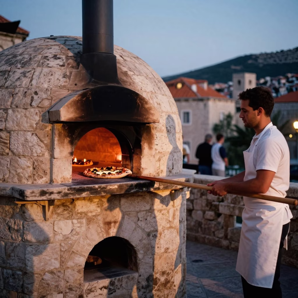 Wood-fired pizza pulled from brick oven in Dubrovnik Croatia before dusk in in Dubrovnik, Croatia