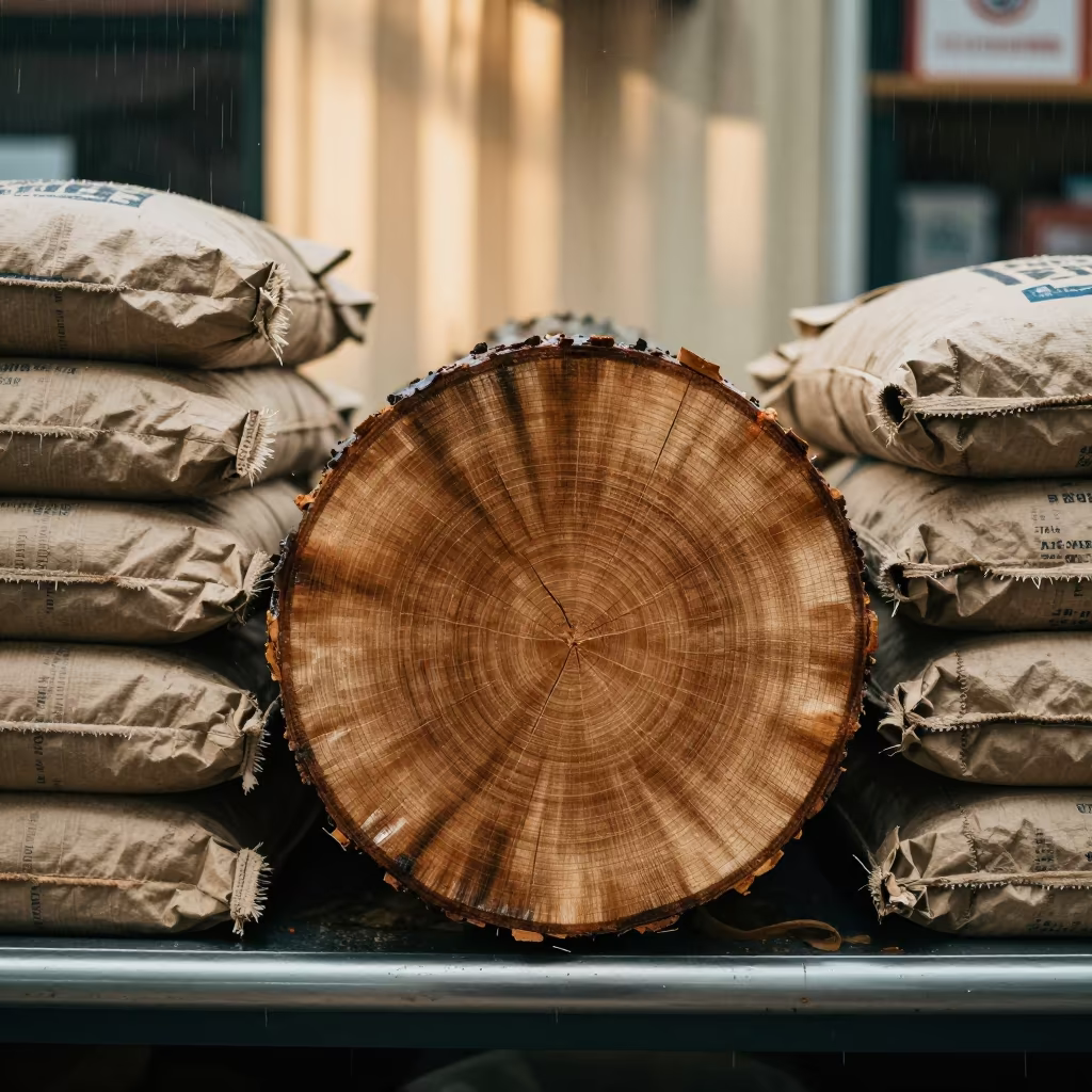 Wood Grain Patterns on Cut Log in Jujuy Market in on a grocer's counter with stacked paper sacks near San Salvador de Jujuy