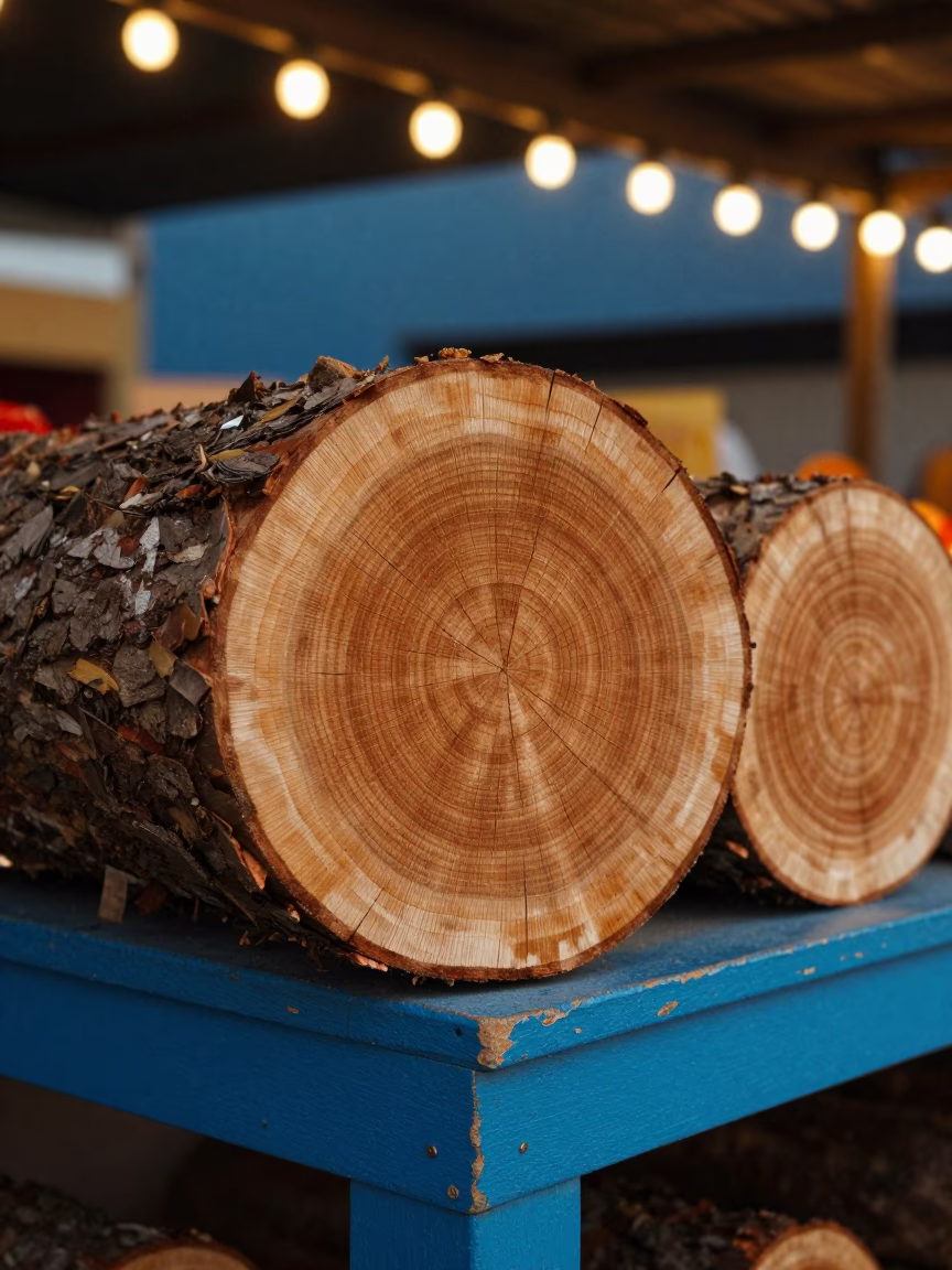 Wood Grain Patterns on Log at Merida Market in on a painted produce display table in Merida