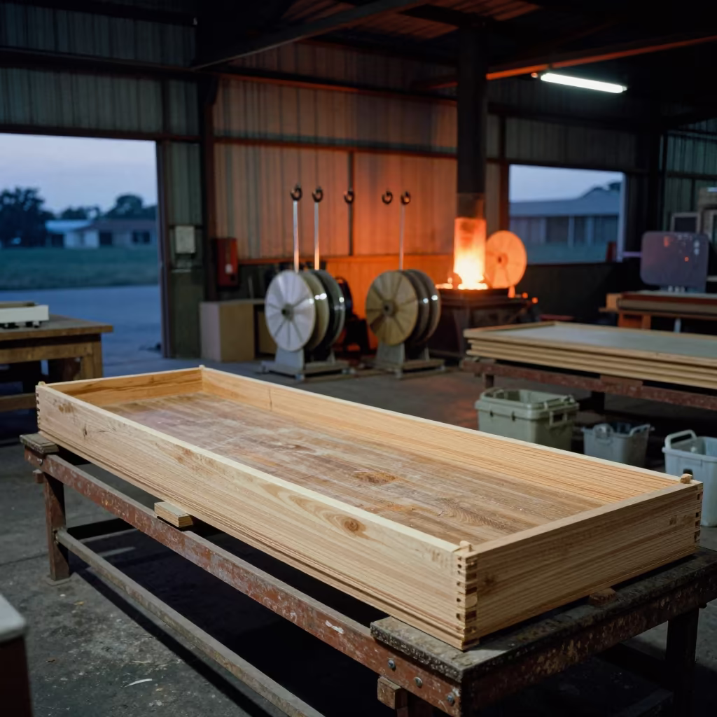 Wood Pack Stamp Tray in Cebu Warehouse Dusk in on a scaffold platform near Cebu