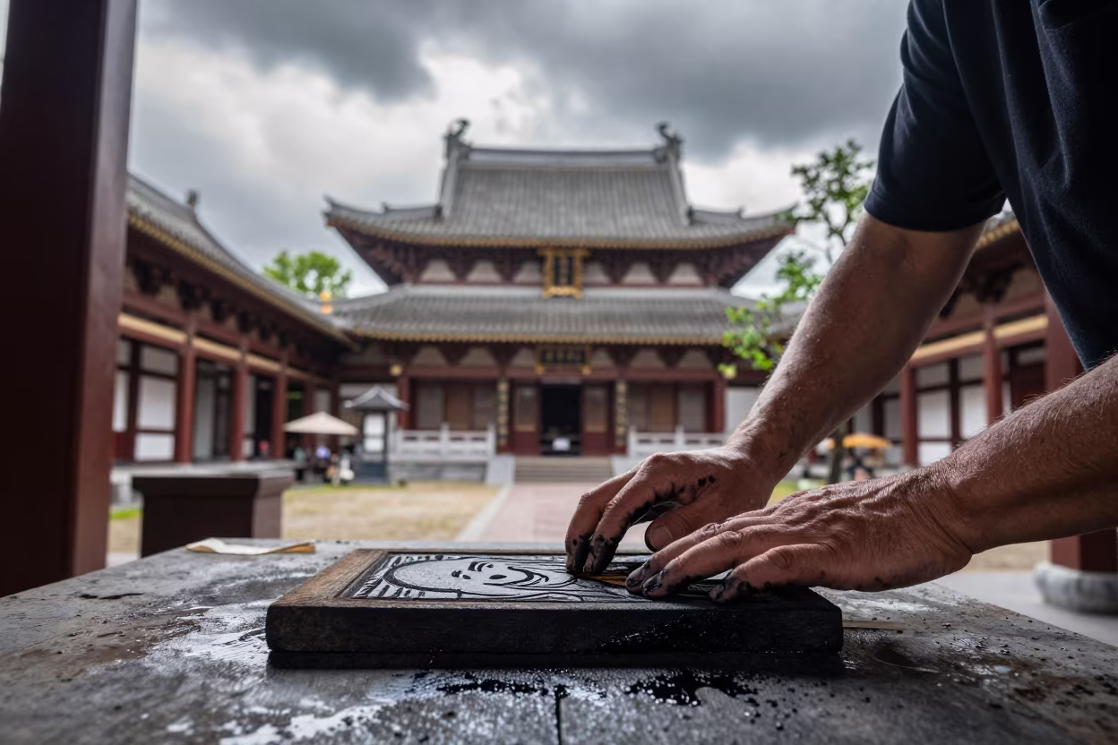 Woodblock Artist in Amsterdam Temple Courtyard in in a temple courtyard in De Pijp, Amsterdam