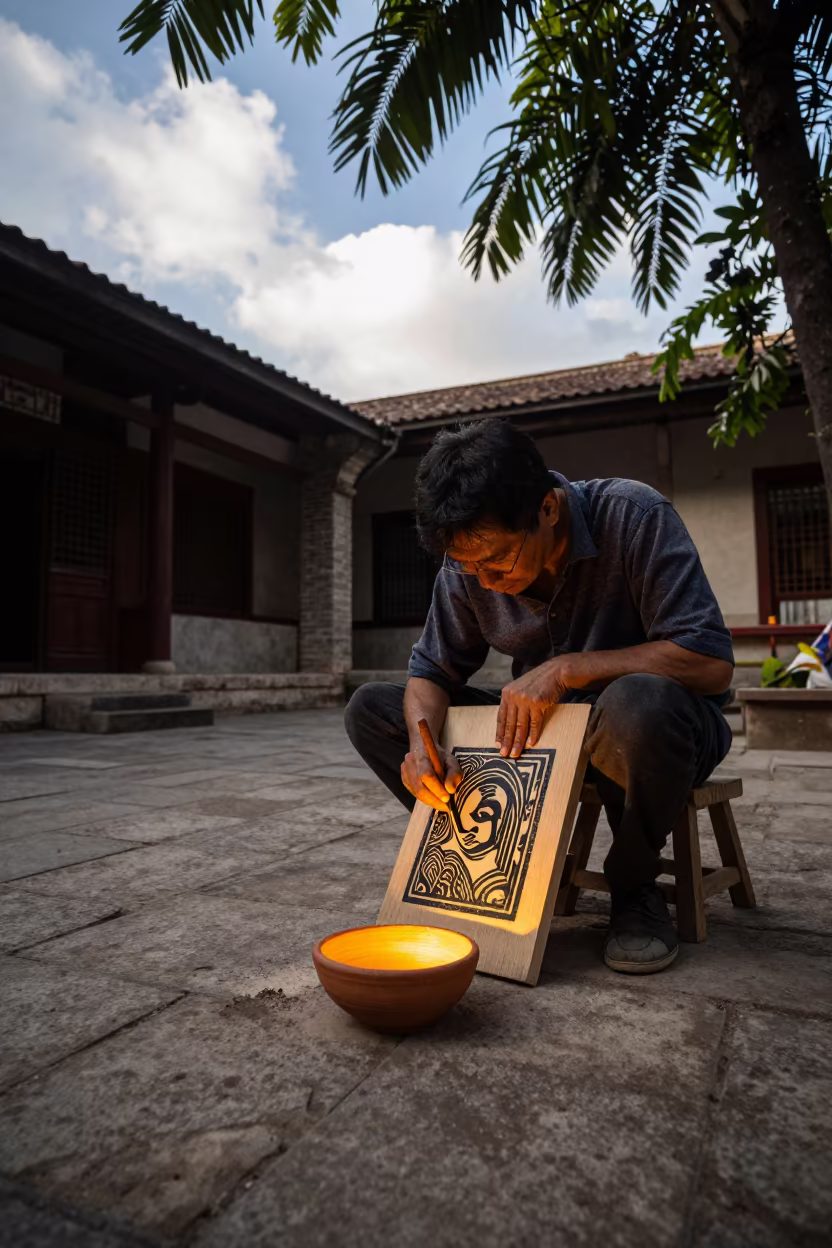 Woodblock Carver in Ankara Temple Courtyard in in a temple courtyard in Ankara