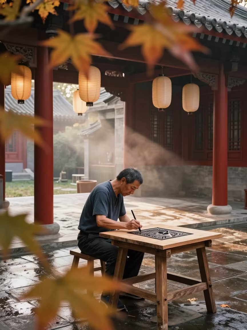 Woodblock Carver in Beijing Shrine in in a shrine lined with lanterns in Beijing