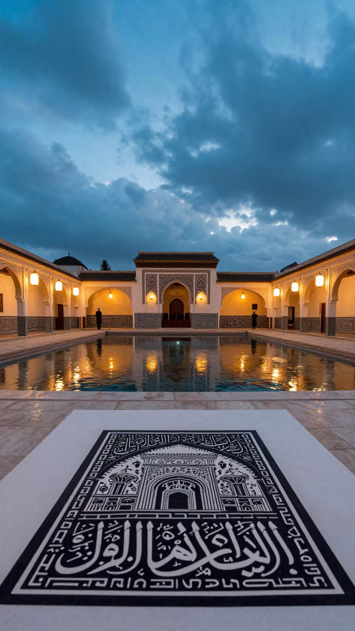 Woodblock Print Counter Blue Hour Tunis in in a ceremonial hall in Medina, Tunis