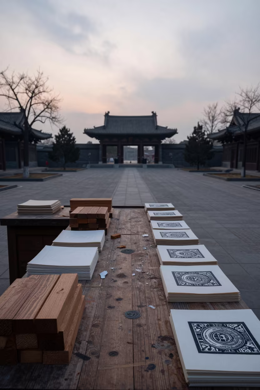 Woodblock Print Counter Dawn Temple Courtyard Anyang in in a temple courtyard in Anyang
