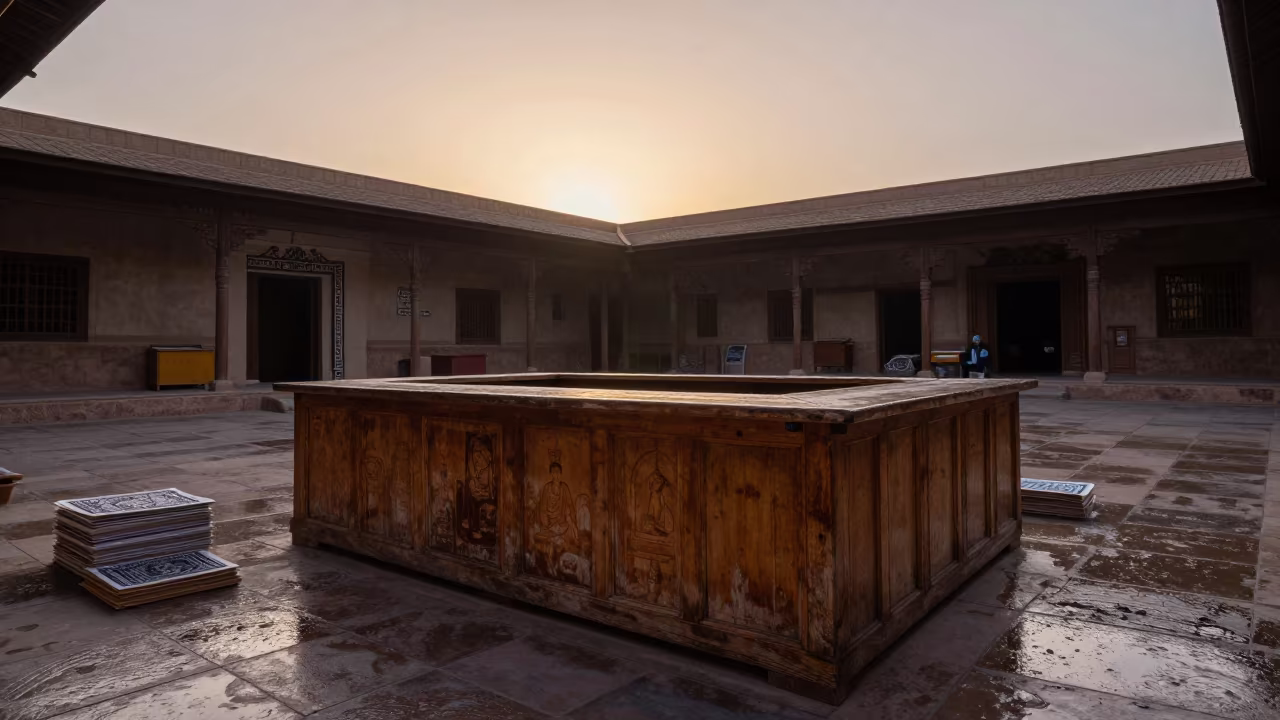 Woodblock Print Counter Sunset Kandahar Courtyard in in a temple courtyard in Kandahar