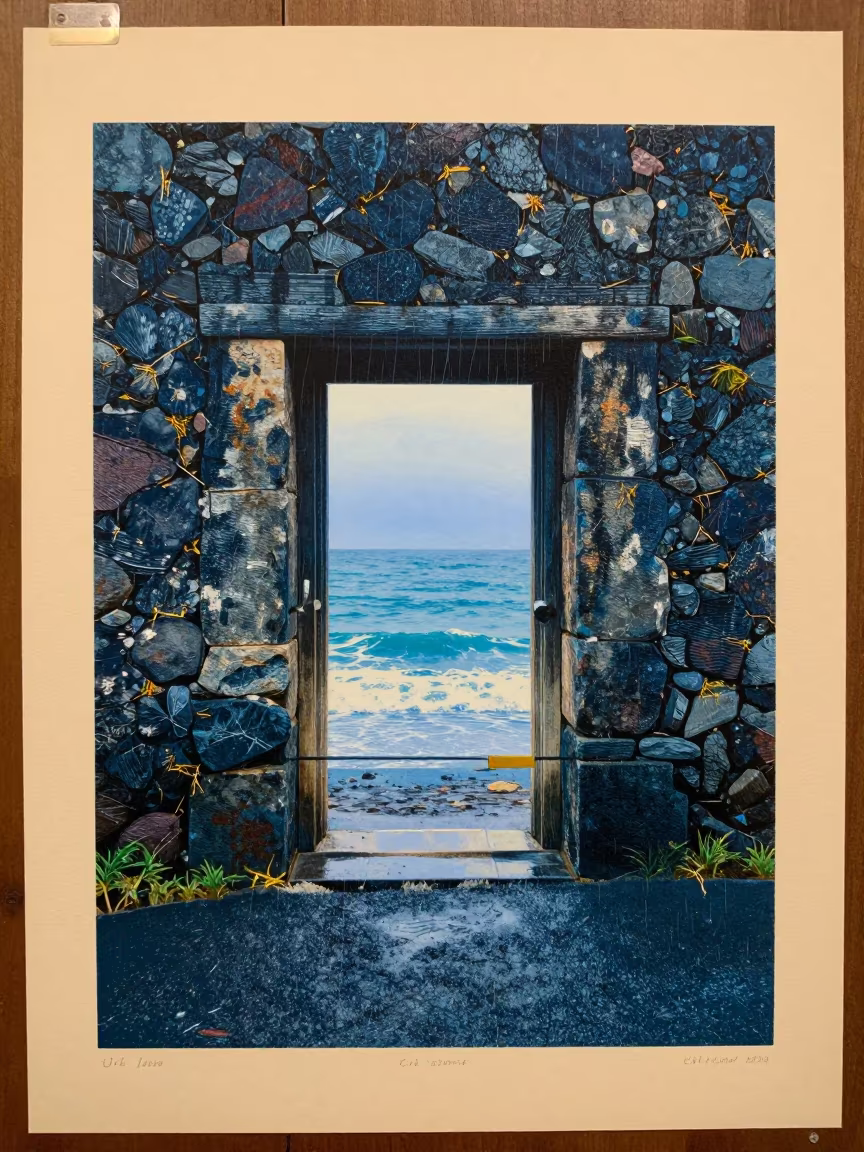 Woodblock Print Ocean Doorway Prayer Hall in in a prayer hall near Uyo