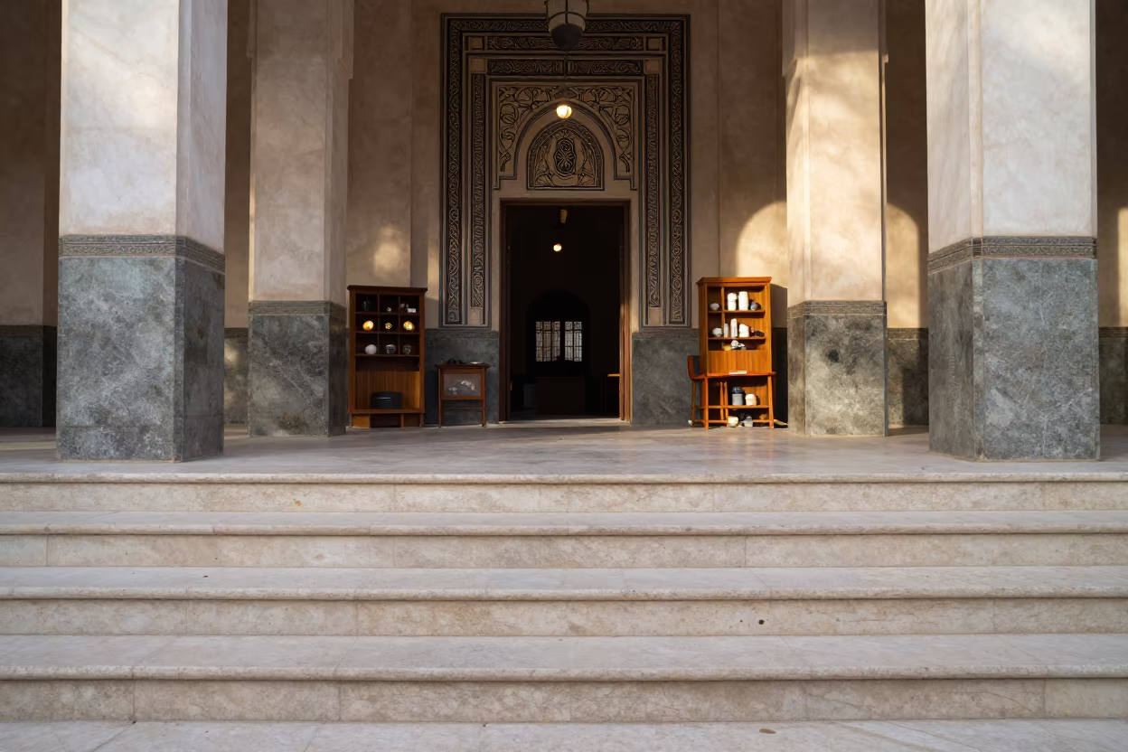 Woodblock Print on Temple Step Casablanca in in a ceremonial hall in Art Deco Downtown, Casablanca