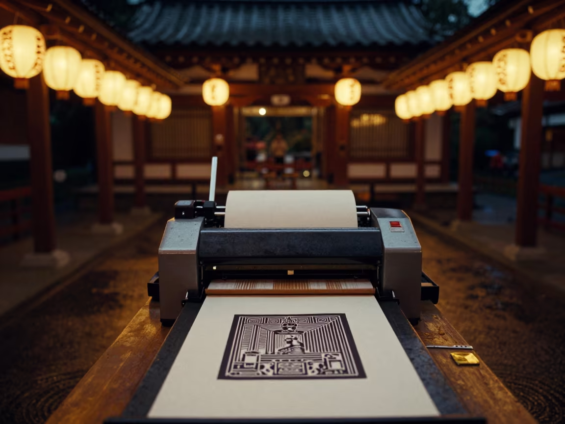 Woodblock Printer Inking Rice Paper in Shrine in in a shrine lined with lanterns in Campinas