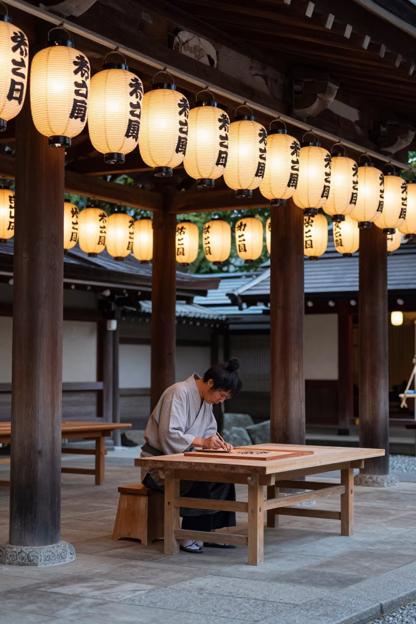 Woodblock Printmaker Carving in Bonn Shrine in in a shrine lined with lanterns in Bonn