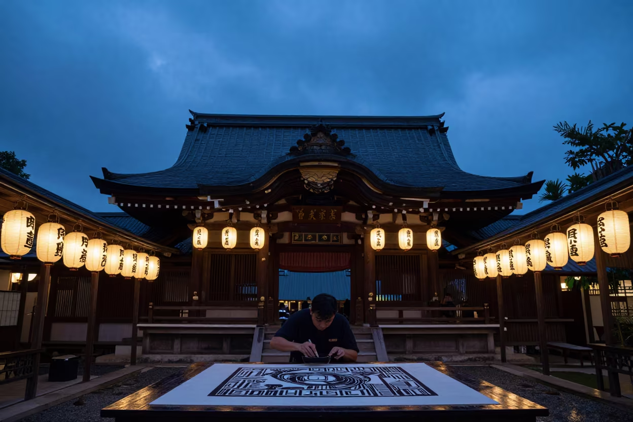 Woodblock Printmaker Carving Plate in Shrine in in a shrine lined with lanterns near Jakarta