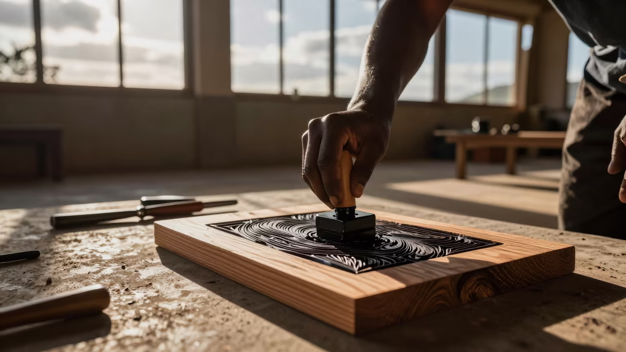 Woodblock Printmaker Inking Cherry Plate in Gaborone Hall in in a prayer hall in Gaborone