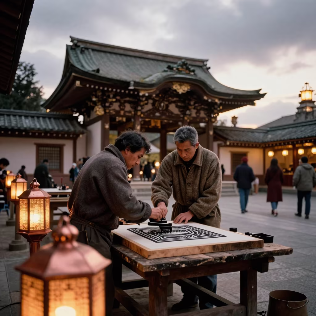 Woodblock Printmaker Inking Cherry Plate in Shrine in in a shrine lined with lanterns near Santiago de los Caballeros