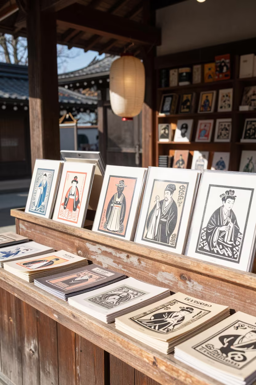 Woodblock Prints and Catalogs in Guiglo Shrine Shop in in a shrine lined with lanterns in Guiglo