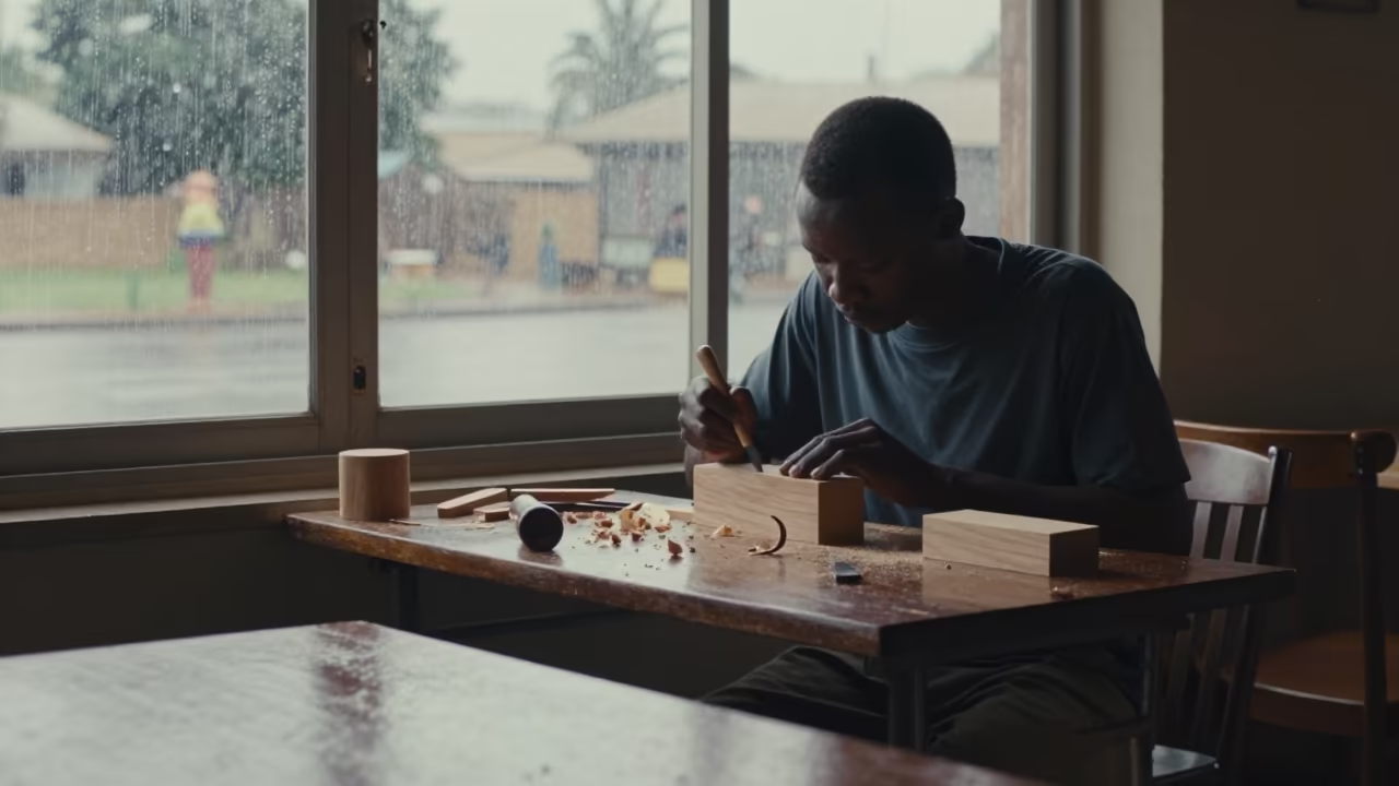 Woodcarver Shaping Limewood on Cafe Table in on a cafe table by a window in Kisangani