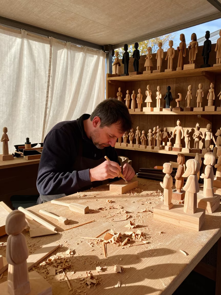 Woodcarver Whittling Figurines at Black Forest Market in on a wooden shelf inside a covered market near Sunderland
