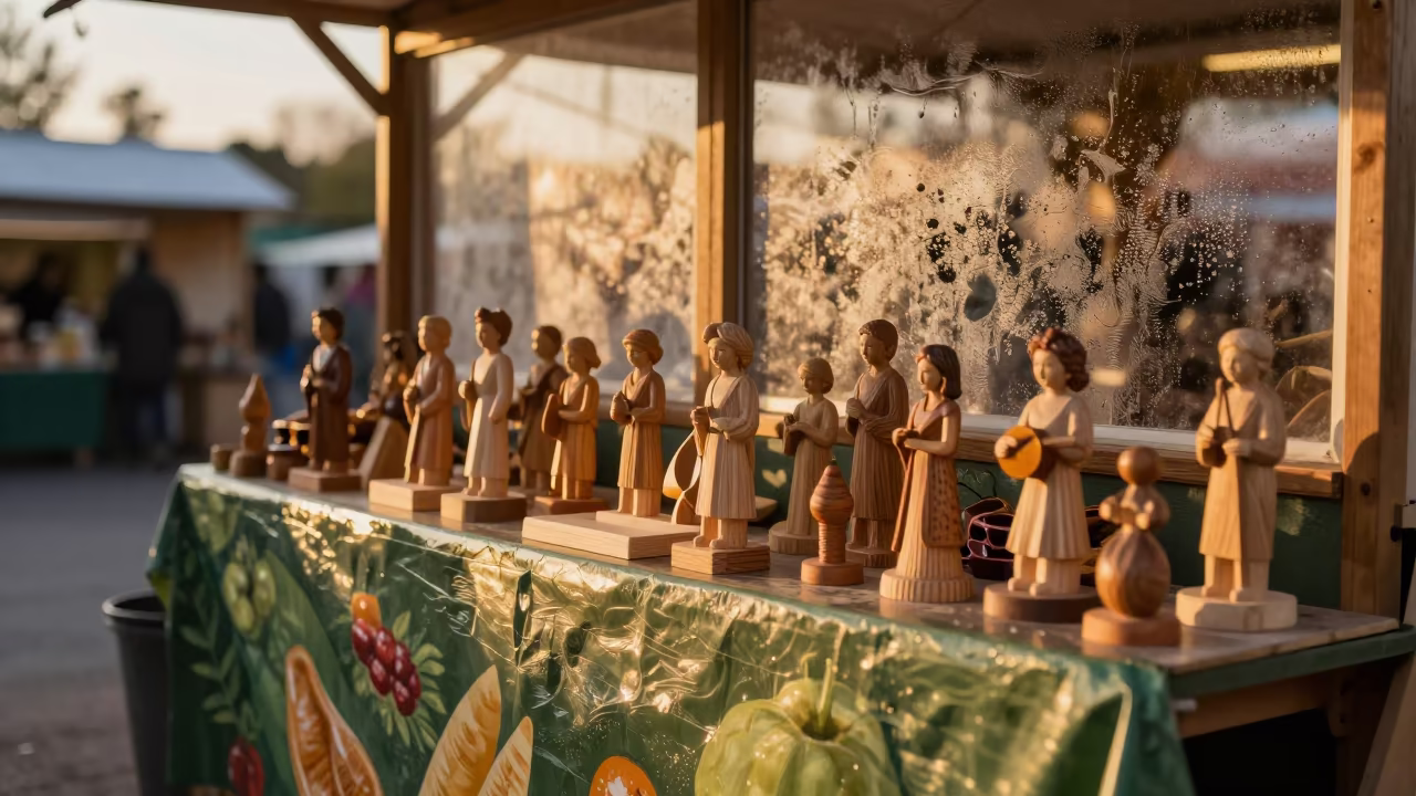Woodcarver Whittling Figurines at Market Booth in on a painted produce display table near Los Angeles