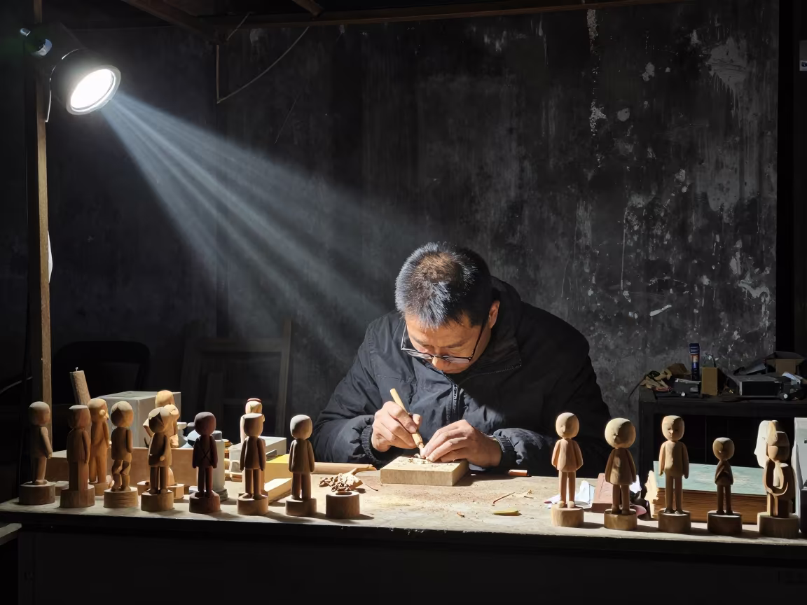 Woodcarver Whittling Figurines at Night Market in at a market stall counter near Wenzhou