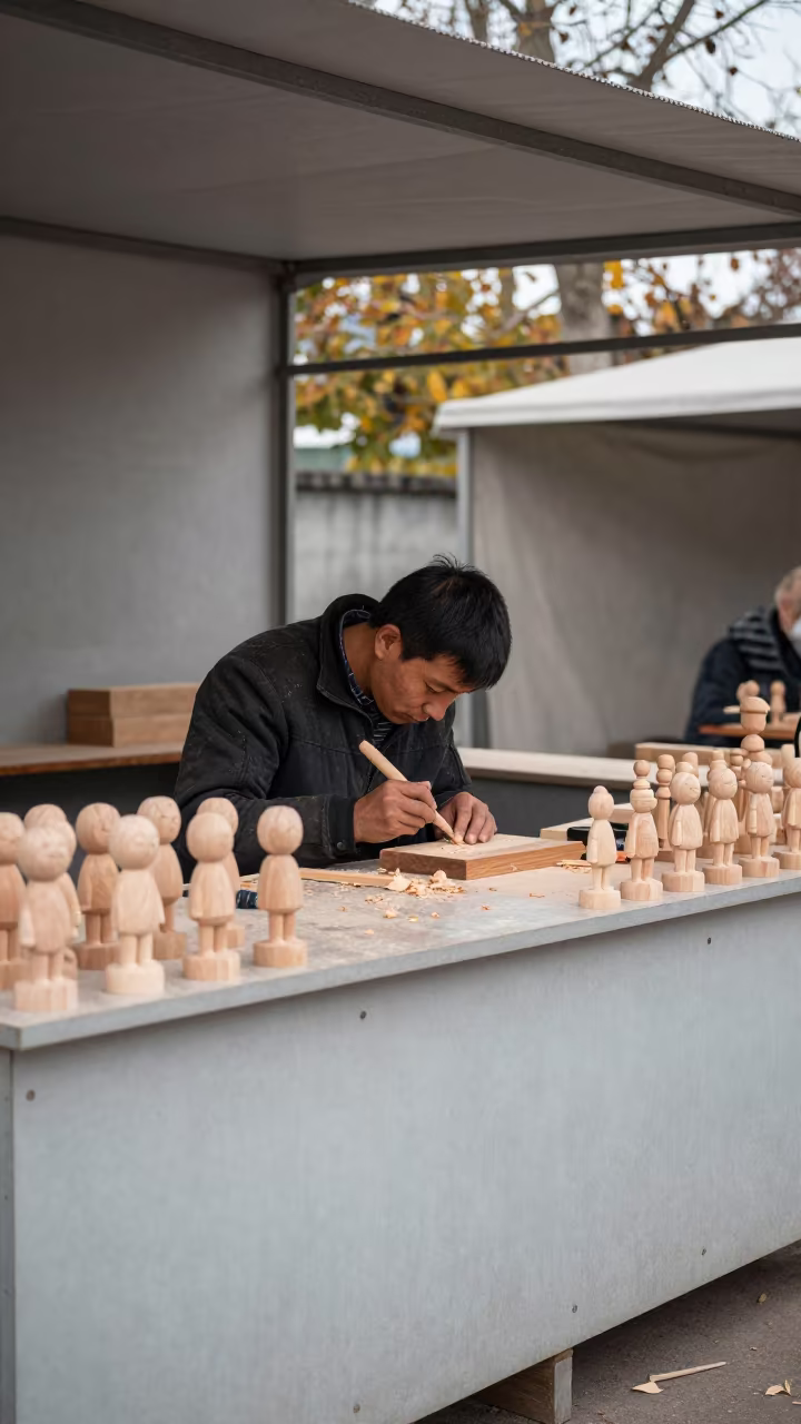 Woodcarver Whittling Figurines at Xining Market in at a market stall counter near Xining