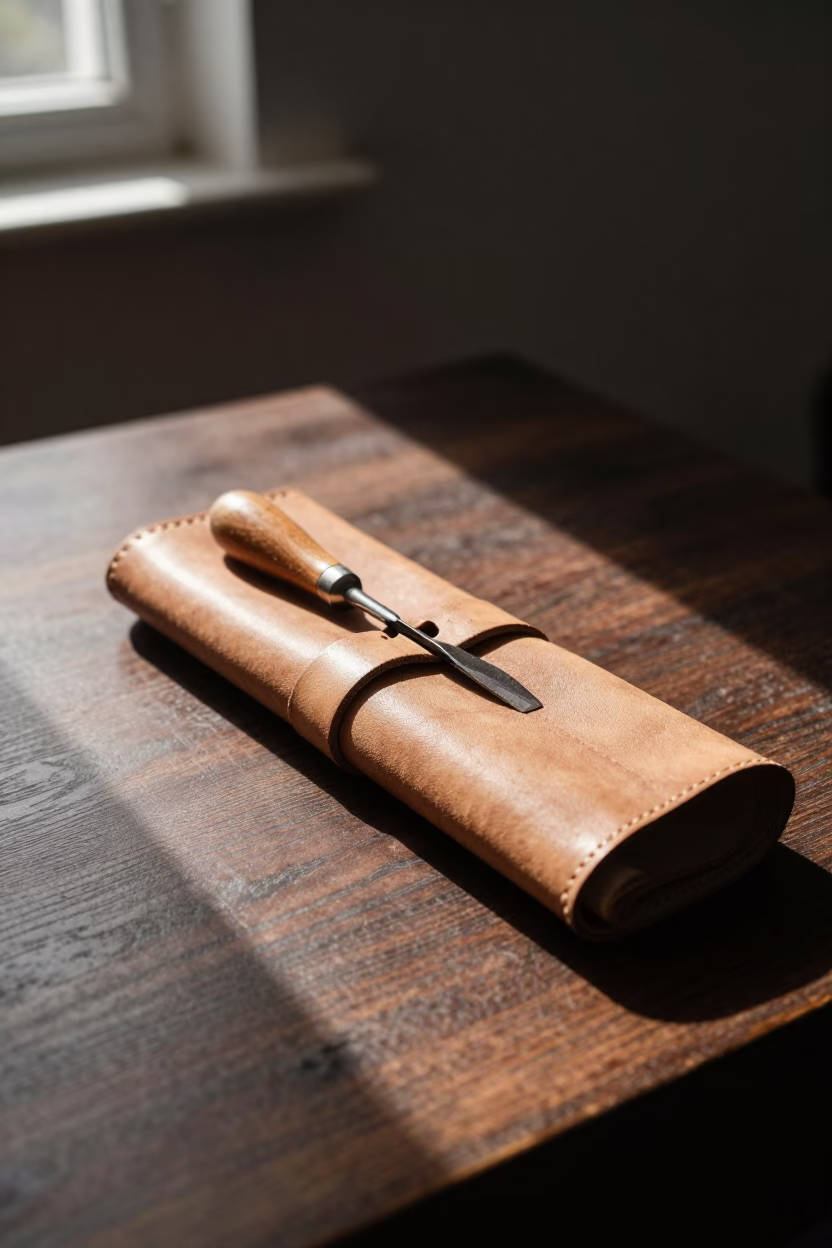Woodcarving Gouges in Leather Roll in on a writing desk near Siguiri