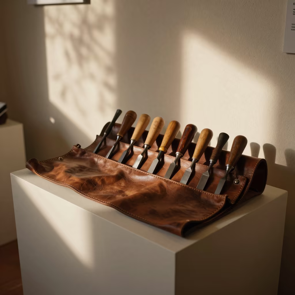 Woodcarving Gouges in Leather Roll Museum Bingöl in on a museum plinth in Bingöl